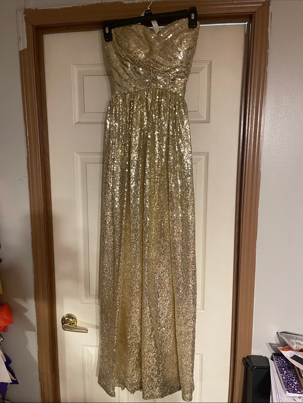 Strapless Gold Sequin Evening Gown
